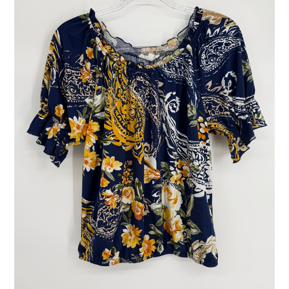 Perception Concept Navy Blue Floral Paisley Ruffle Sleeve Blouse Sz M